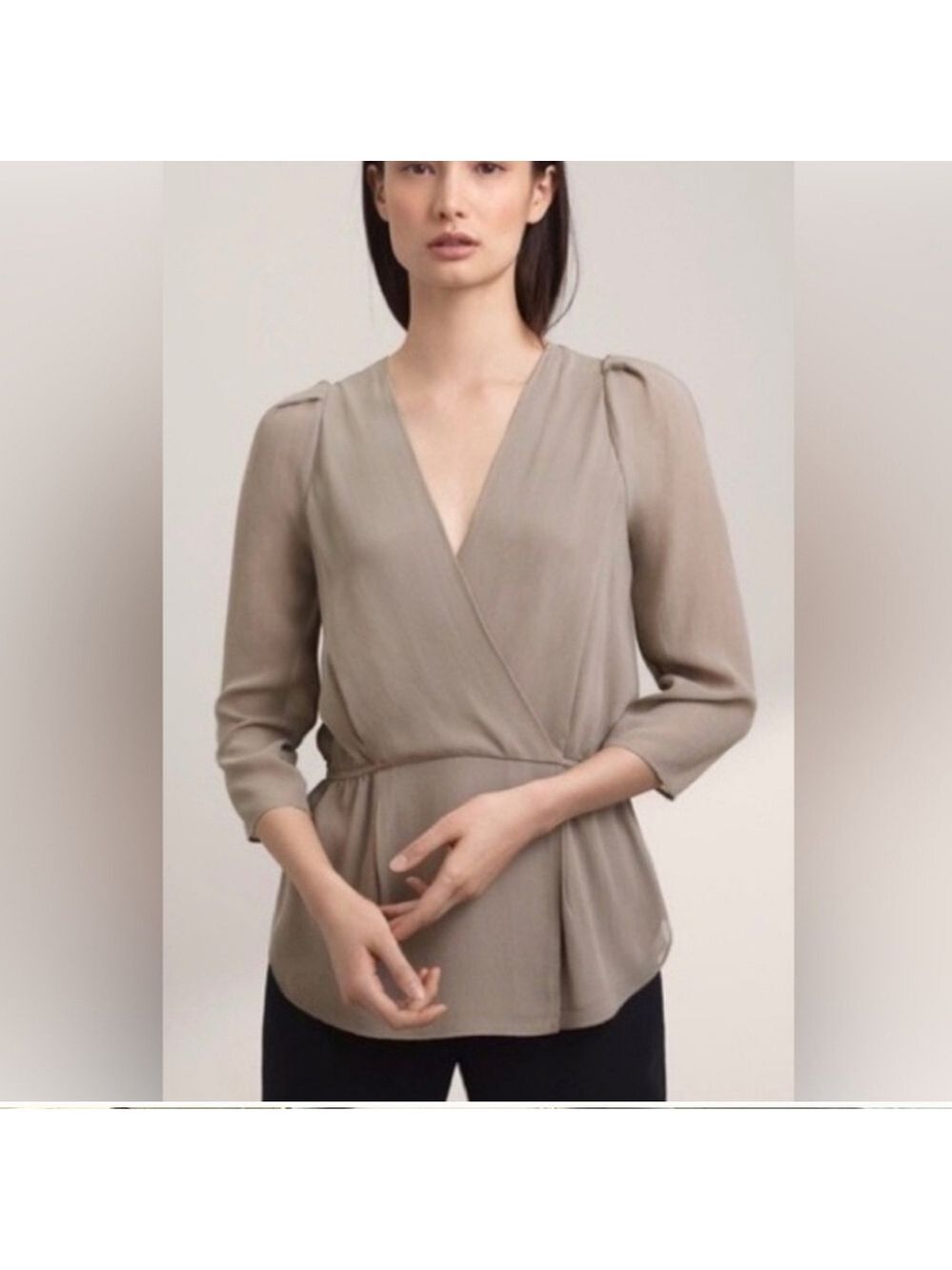 Babaton 100% silk blouse, wrap style. Mushroom color. size xxs. EUC